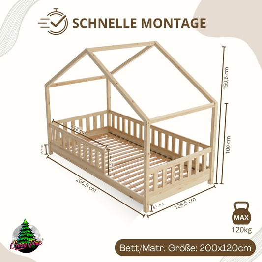 Crazy Pine Hausbett Kinderbett Montessori mit Rausfallschutz, Massivholz, höhenverstellbar, Lattenrost inklusive
