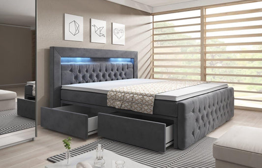 Luxusbetten24 Boxspringbett Menzogna Doppelbett 140x200-200x200 cm, Polsterbett mit LED-Beleuchtung, Stauraum & Samtbezug, H3 Schlafkomfort