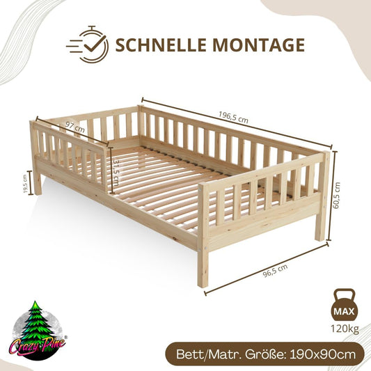 Crazy Pine Montessori Kinderbett – Mitwachsend, Holz, Rausfallschutz