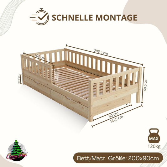 Crazy Pine Kinderbett Montessori mit Schubladen, Massivholz, Rausfallschutz, Lattenrost inklusive, Skandinavisches Design