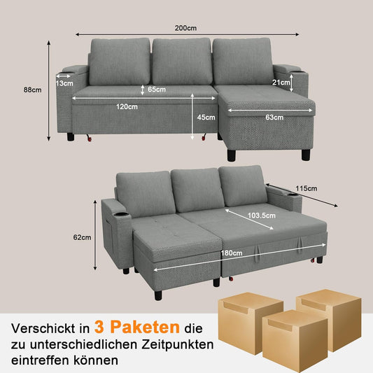 Devoko Ecksofa L-Form Hellgrau – Schlafsofa ausziehbar mit Stauraum & Bettkasten