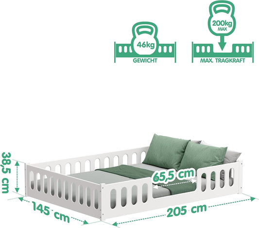 CADANI Monte Montessori Bodenbett Kinderbett mit Rausfallschutz, umbaubar, Massivholz, Roll-Lattenrost, weiß