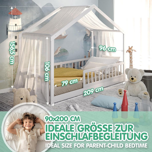CADANI Malte Kinderbett Montessori Bodenbett Massivholz Kiefer mit Rausfallschutz und Roll-Lattenrost, Skandinavisches Hausbett für Kinder