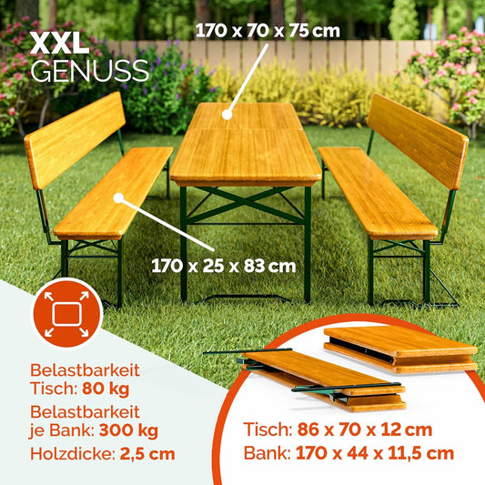 Casaria Bierzeltgarnitur mit Lehne 170 cm, Klappbar, Holz Stahl, Braun