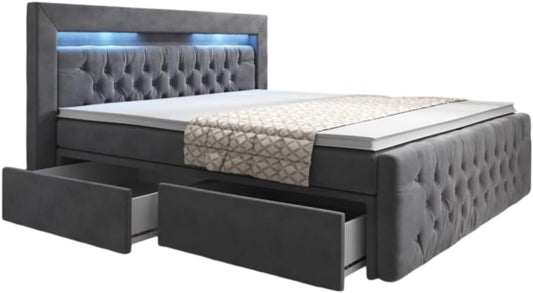 Luxusbetten24 Boxspringbett Menzogna Doppelbett 140x200-200x200 cm, Polsterbett mit LED-Beleuchtung, Stauraum & Samtbezug, H3 Schlafkomfort