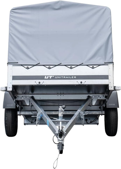 UNITRAILER Trailer Car 230 x 125 cm Garden Trailer 230 Tilting Unitrailer 750 kg with Jockey Wheel, Tarpaulin and High Arrow