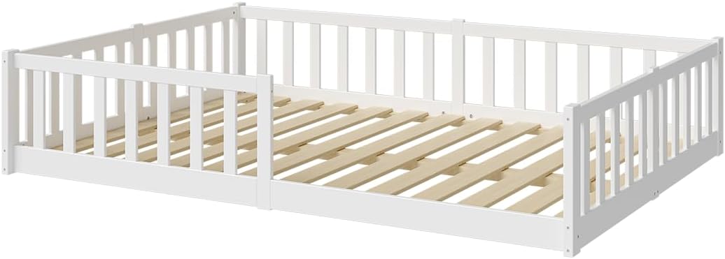 Bellabino Vere Montessori Bodenbett 140x200 cm Weiß – Kinderbett aus Kiefer mit Rausfallschutz & Lattenrost