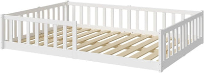 Bellabino Vere Montessori Bodenbett 140x200 cm Weiß – Kinderbett aus Kiefer mit Rausfallschutz & Lattenrost