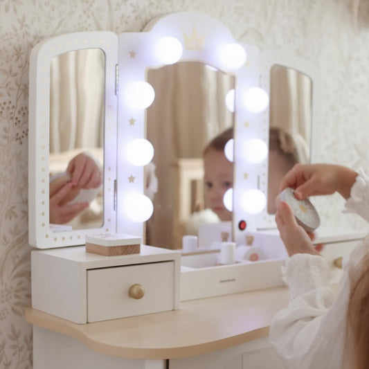 Mamabrum XXL Kinder Schminktisch aus Holz mit LED-Spiegel, Hocker & Beauty Zubehör