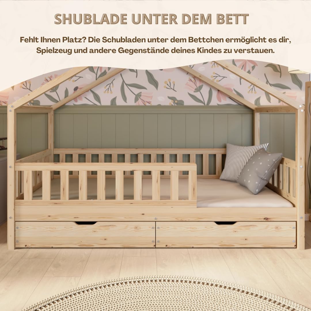 Hausbett Kinderbett Montessori mit Schubladen, Naturholz Kinderzimmer Bett Crazy House
