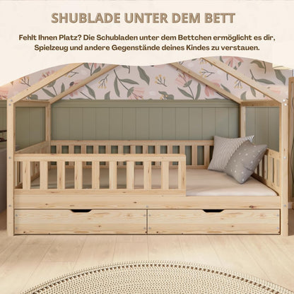 Hausbett Kinderbett Montessori mit Schubladen, Naturholz Kinderzimmer Bett Crazy House