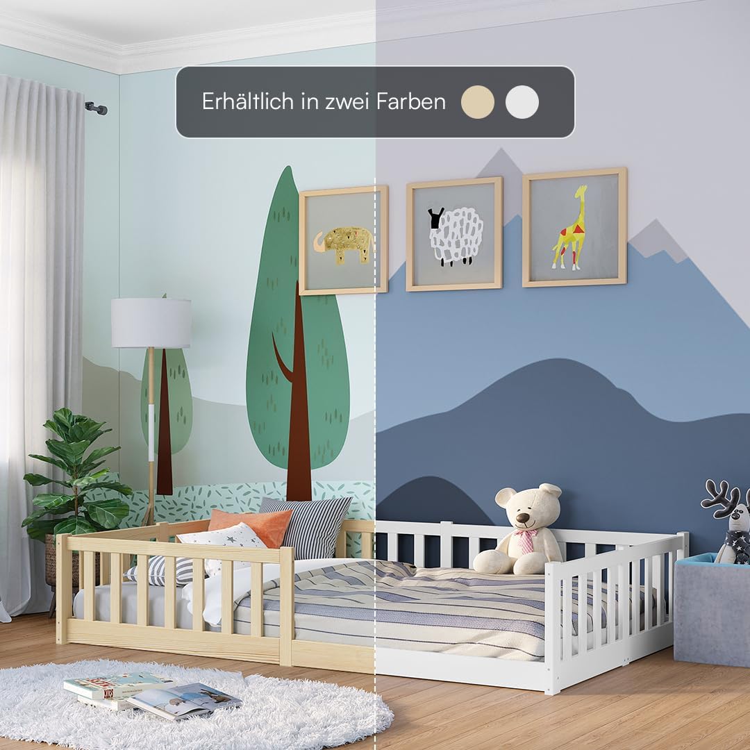 Bellabino Montessori Bodenbett für Kinder aus Kiefernholz mit Rausfallschutz & Lattenrost, 120x200 cm, Weiß