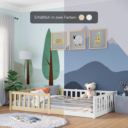 Bellabino Montessori Bodenbett für Kinder aus Kiefernholz mit Rausfallschutz & Lattenrost, 120x200 cm, Weiß