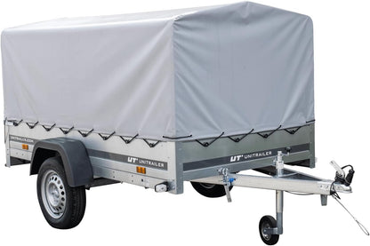 UNITRAILER Trailer Car 230 x 125 cm Garden Trailer 230 Tilting Unitrailer 750 kg with Jockey Wheel, Tarpaulin and High Arrow