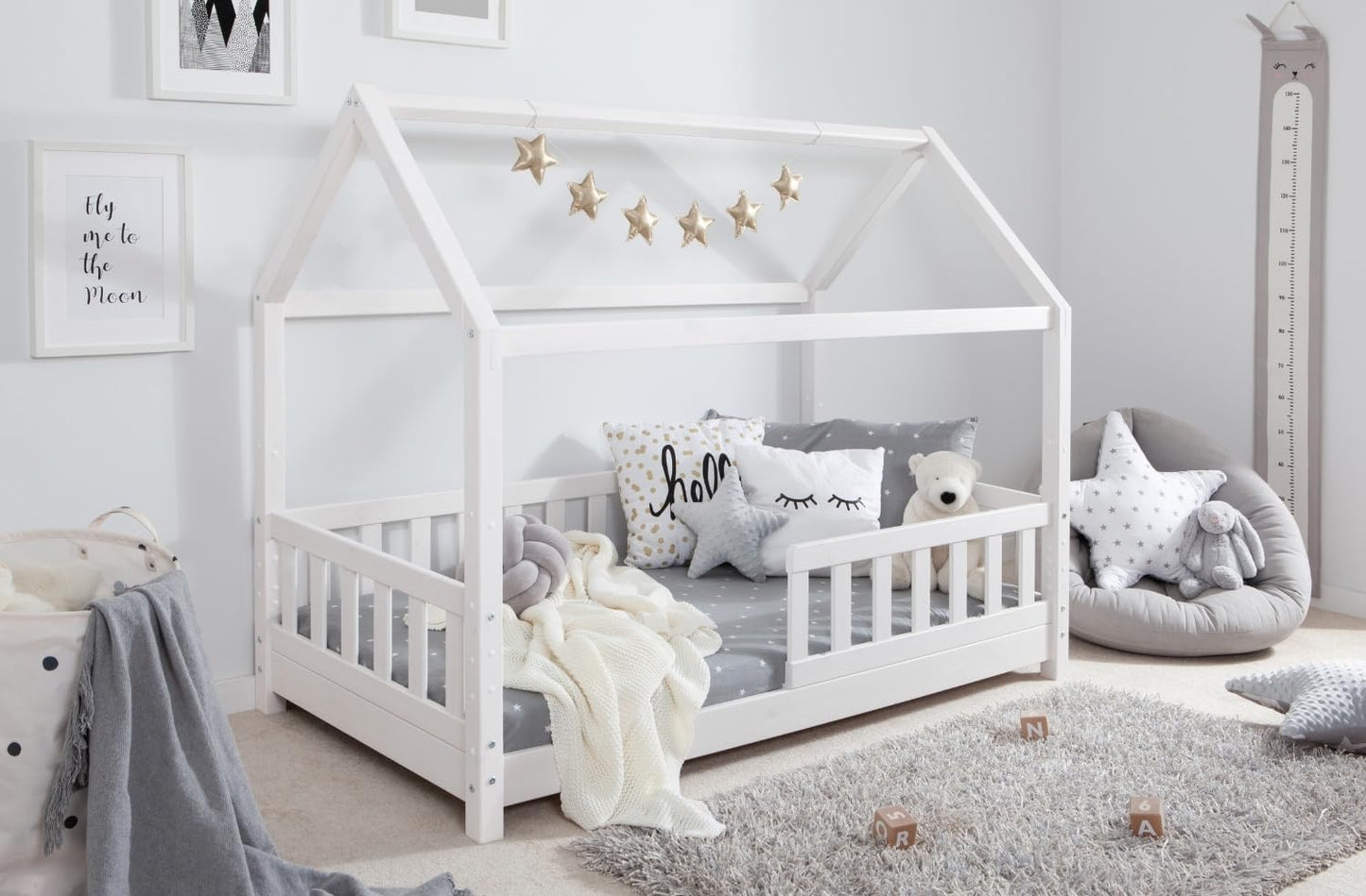 TiCAA Kinderbett Hausbett Montessori Bodenbett aus Massivholz mit Rausfallschutz