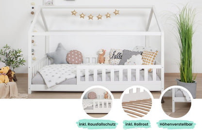 TiCAA Montessori Kinderbett Hausbett aus Kiefernholz mit Rausfallschutz & Rolllattenrost – Bodenbett für Kinder