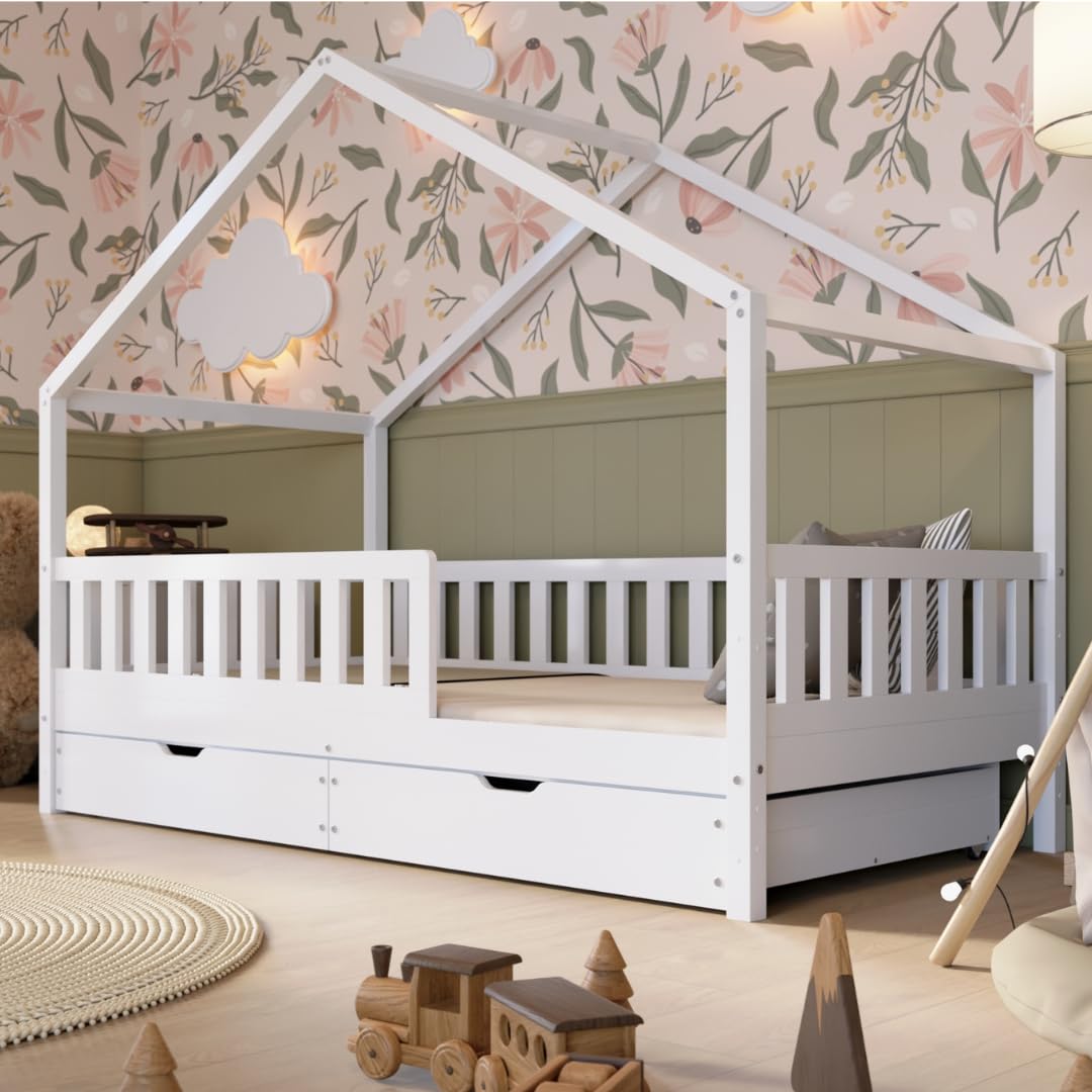 Hausbett Kinderbett Montessori mit Schubladen, Naturholz Kinderzimmer Bett Crazy House