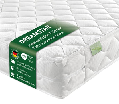 DREAMSTAR Ergo Flex Duo 7-Zonen Kaltschaummatratze, Ergonomisch, Hypoallergen, Abnehmbarer Bezug