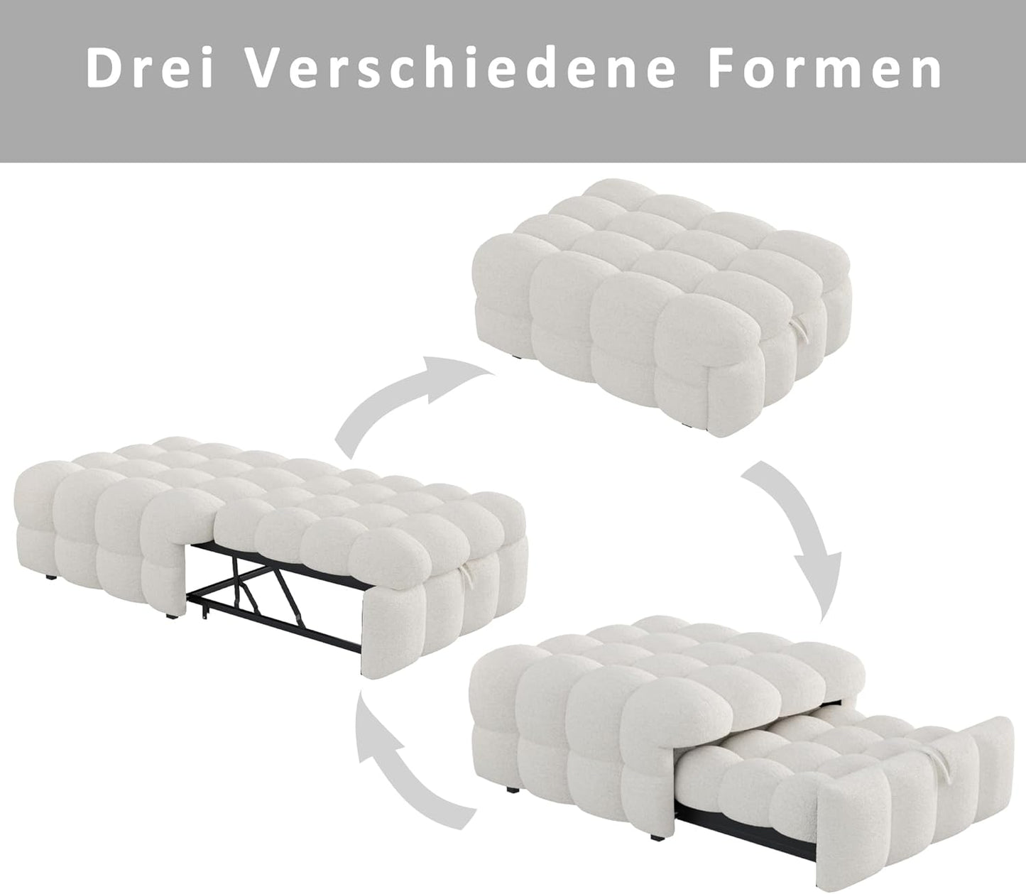 MOBETTRES Polsterbett 2-in-1 Beige – Ausziehbares Schlafsofa & Fußhocker, Teddy-Samtstoff, Einzelbett
