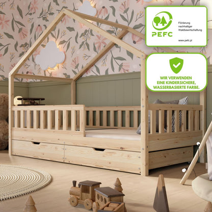 Hausbett Kinderbett Montessori mit Schubladen, Naturholz Kinderzimmer Bett Crazy House