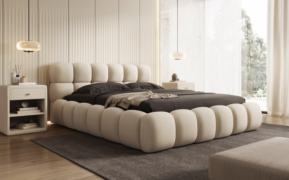 Luxusbetten24 Polsterbett Boston – Designerbett mit Stauraum, Bouclé-Bezug, modernes Bettgestell