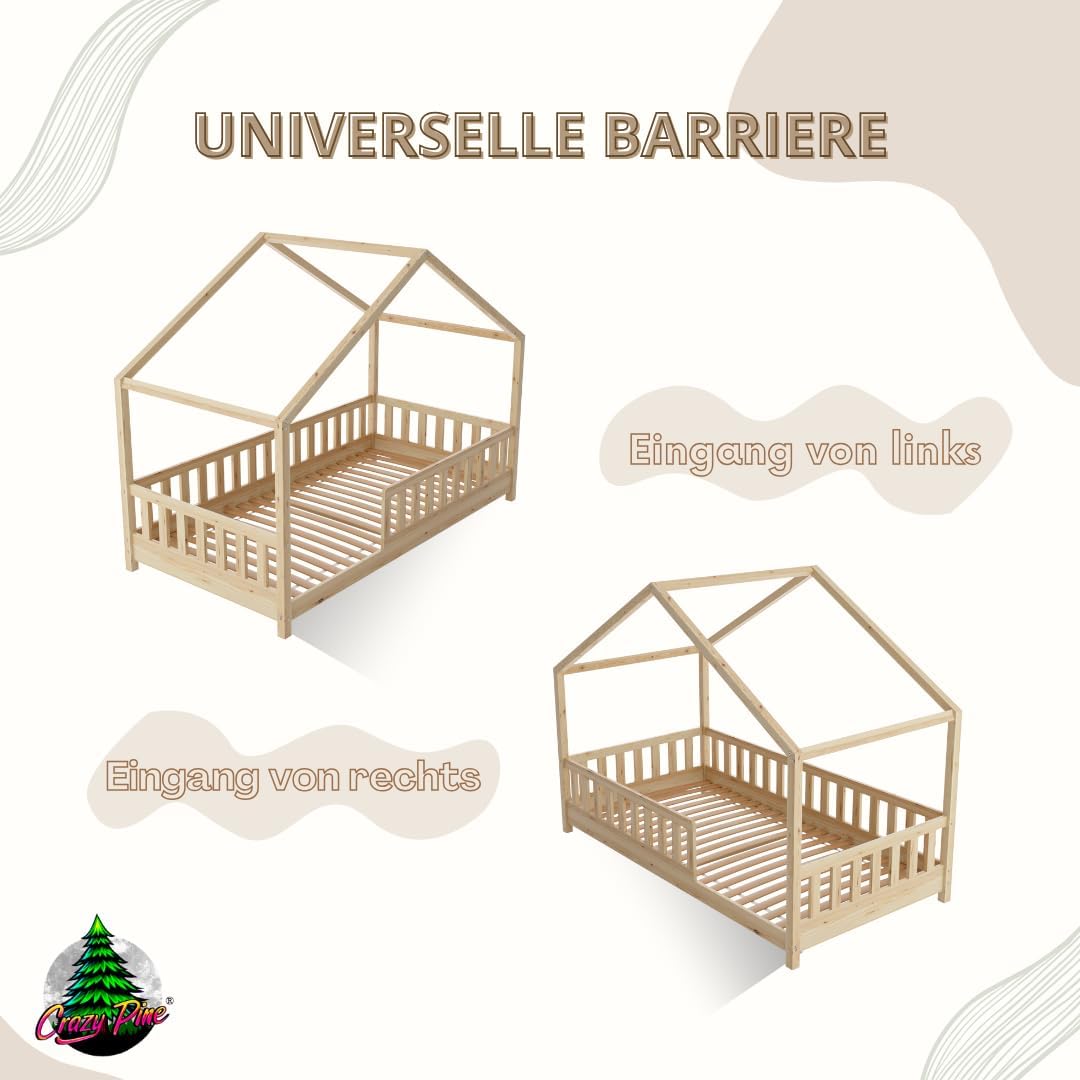 Crazy Pine Hausbett Kinderbett Montessori mit Rausfallschutz, Massivholz, höhenverstellbar, Lattenrost inklusive