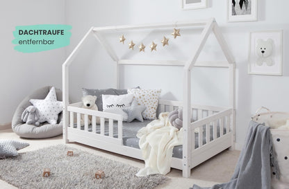 TiCAA Kinderbett Hausbett Montessori Bodenbett aus Massivholz mit Rausfallschutz