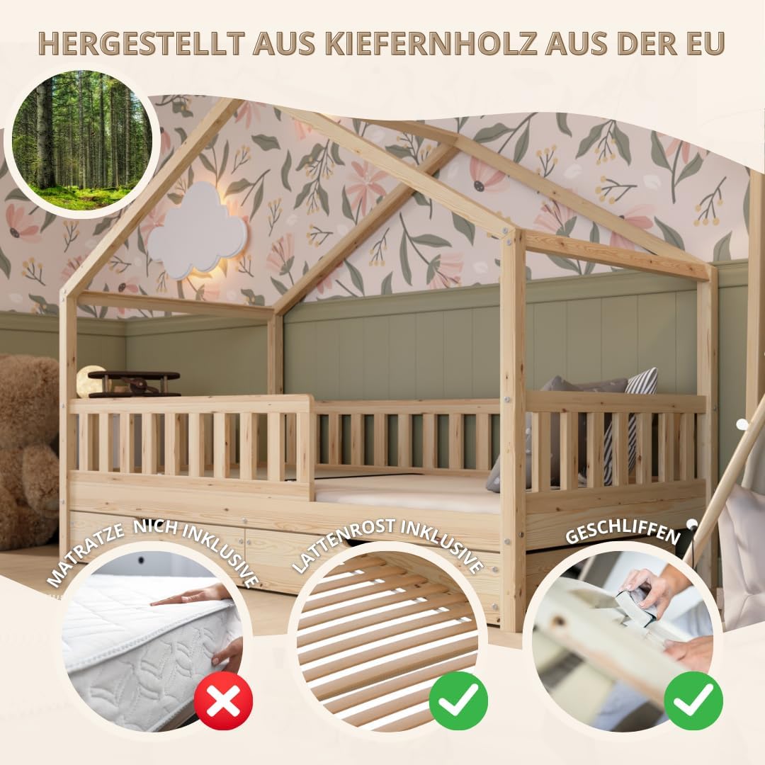 Hausbett Kinderbett Montessori mit Schubladen, Naturholz Kinderzimmer Bett Crazy House