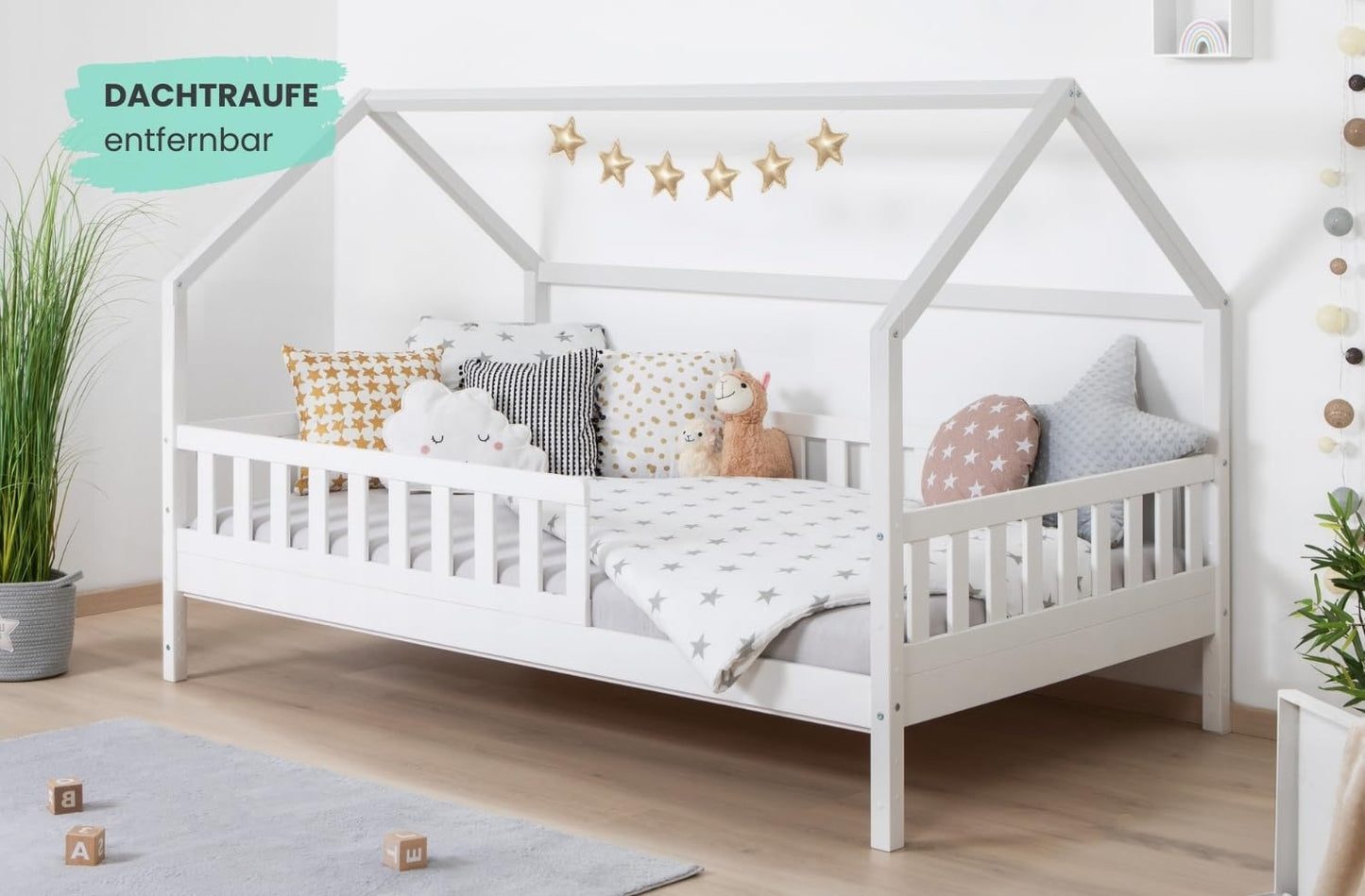 TiCAA Montessori Kinderbett Hausbett aus Kiefernholz mit Rausfallschutz & Rolllattenrost – Bodenbett für Kinder
