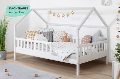TiCAA Montessori Kinderbett Hausbett aus Kiefernholz mit Rausfallschutz & Rolllattenrost – Bodenbett für Kinder