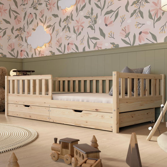 Crazy Pine Kinderbett Montessori mit Schubladen, Massivholz, Rausfallschutz, Lattenrost inklusive, Skandinavisches Design