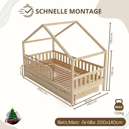 Hausbett Kinderbett Montessori mit Schubladen, Naturholz Kinderzimmer Bett Crazy House