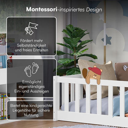 Bellabino Vere Montessori Bodenbett 140x200 cm Weiß – Kinderbett aus Kiefer mit Rausfallschutz & Lattenrost