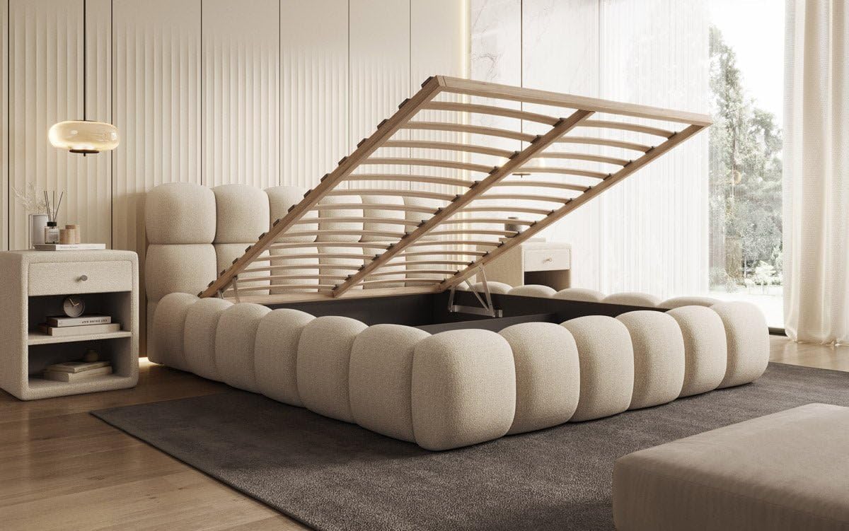 Luxusbetten24 Polsterbett Boston – Designerbett mit Stauraum, Bouclé-Bezug, modernes Bettgestell