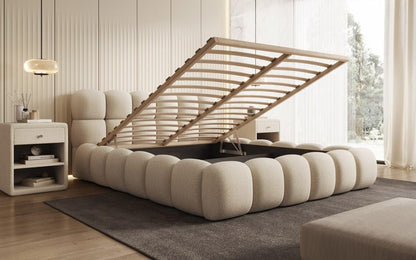 Luxusbetten24 Polsterbett Boston – Designerbett mit Stauraum, Bouclé-Bezug, modernes Bettgestell