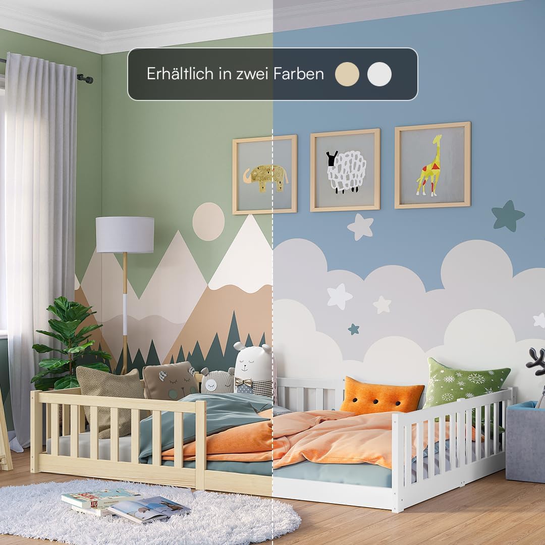 Bellabino Vere Montessori Bodenbett 140x200 cm Weiß – Kinderbett aus Kiefer mit Rausfallschutz & Lattenrost