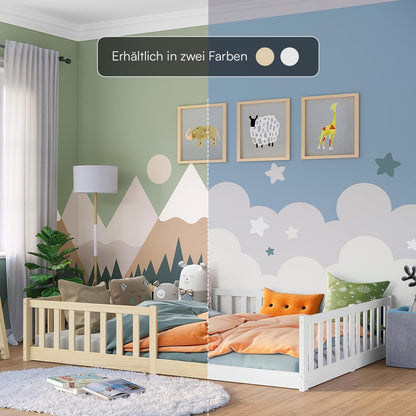 Bellabino Vere Montessori Bodenbett 140x200 cm Weiß – Kinderbett aus Kiefer mit Rausfallschutz & Lattenrost