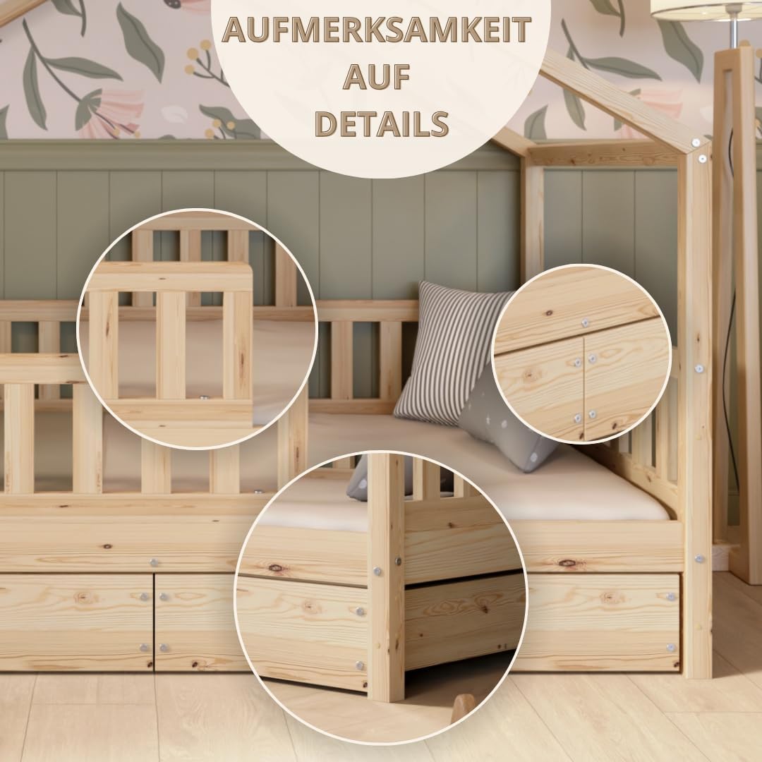 Hausbett Kinderbett Montessori mit Schubladen, Naturholz Kinderzimmer Bett Crazy House