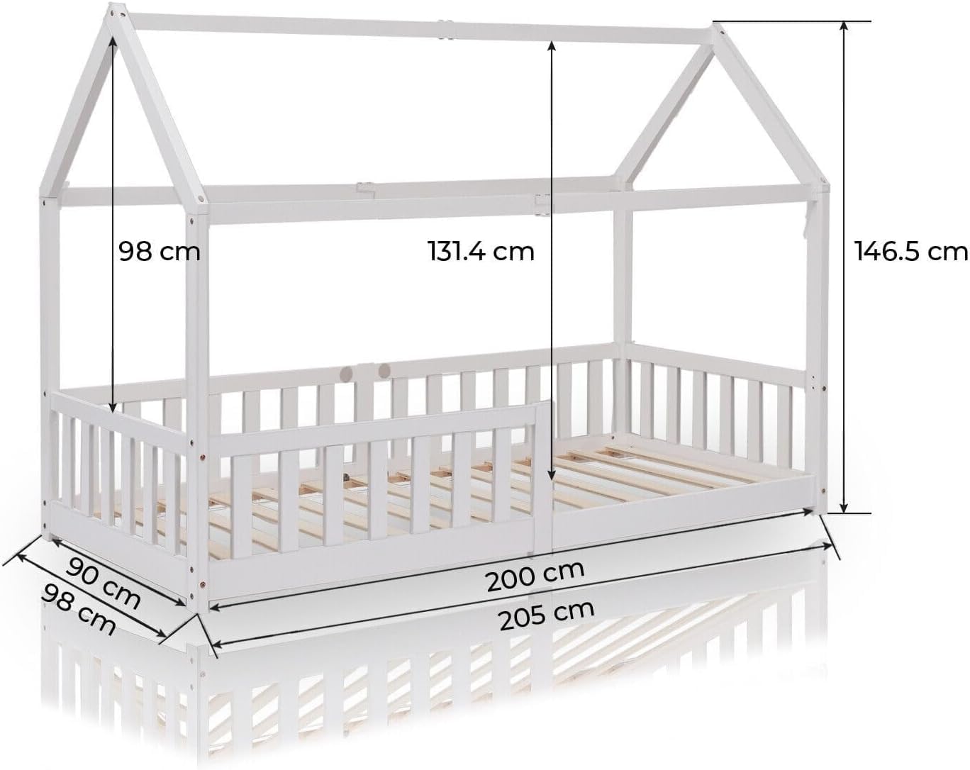 ecomi Montessori Hausbett Kinder aus Kiefernholz mit Rausfallschutz & Lattenrost