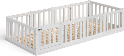 Bellabino Montessori Kinderbett Bodenbett aus Kiefer Massivholz mit Rausfallschutz & Lattenrost