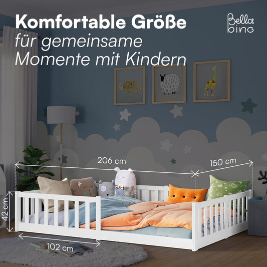 Bellabino Vere Montessori Bodenbett 140x200 cm Weiß – Kinderbett aus Kiefer mit Rausfallschutz & Lattenrost