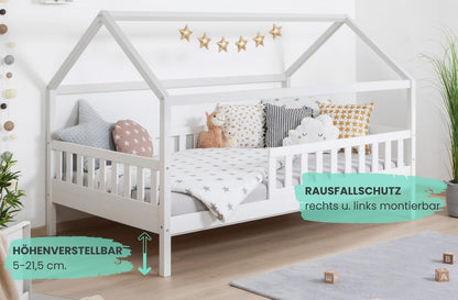 TiCAA Montessori Kinderbett Hausbett aus Kiefernholz mit Rausfallschutz & Rolllattenrost – Bodenbett für Kinder
