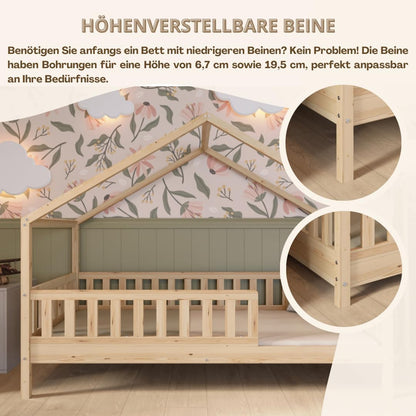 Crazy Pine Hausbett Kinderbett Montessori mit Rausfallschutz, Massivholz, höhenverstellbar, Lattenrost inklusive