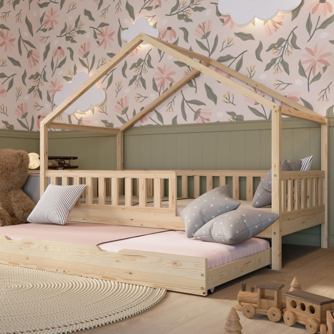 Crazy Pine Hausbett Kinderbett Montessori mit Rausfallschutz, Massivholz, höhenverstellbar, Lattenrost inklusive