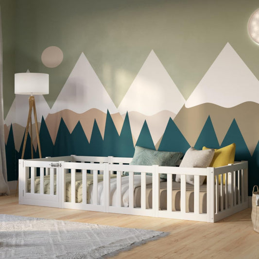 Kinderbett 120x200 cm – Montessori Bodenbett mit Rausfallschutz 40cm und Öffnbarer Barriere - Weiß mit Glatter Oberfläche - Perfekt für Jungen und Mädchen Crazy Johnny