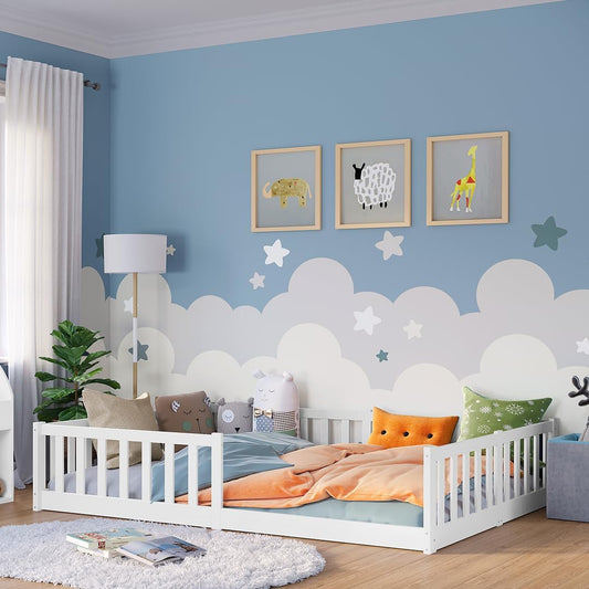 Bellabino Vere Montessori Bodenbett 140x200 cm Weiß – Kinderbett aus Kiefer mit Rausfallschutz & Lattenrost
