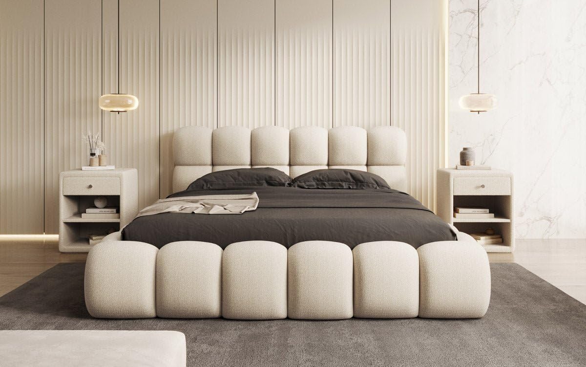Luxusbetten24 Polsterbett Boston – Designerbett mit Stauraum, Bouclé-Bezug, modernes Bettgestell