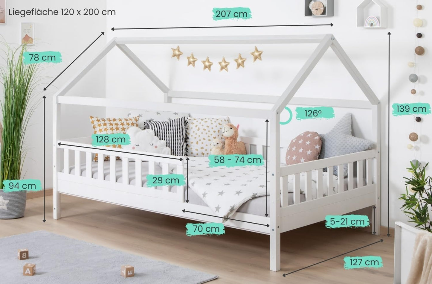 TiCAA Montessori Kinderbett Hausbett aus Kiefernholz mit Rausfallschutz & Rolllattenrost – Bodenbett für Kinder