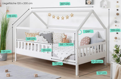 TiCAA Montessori Kinderbett Hausbett aus Kiefernholz mit Rausfallschutz & Rolllattenrost – Bodenbett für Kinder