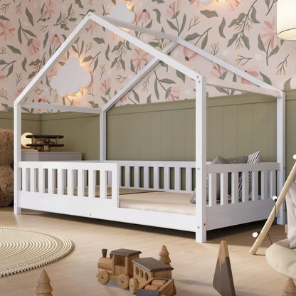 Hausbett Kinderbett Montessori mit Schubladen, Naturholz Kinderzimmer Bett Crazy House
